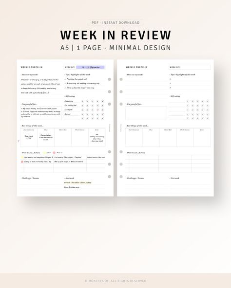 A5 Weekly Review Printable Weekly Reflection Journal Template, Week Check-In, Gratitude Journal, Weekly Assessment Summary, Digital Download mealplannerprintable #freebieplanner #productplannerbusiness Goal Reflection, Reflection Journal Template, Weekly Reflection Journal, Planners 2024, Study Planner Printable Free, Planner Weekly Layout, Weekly Reflection, Planner Goals, Aesthetic Notion