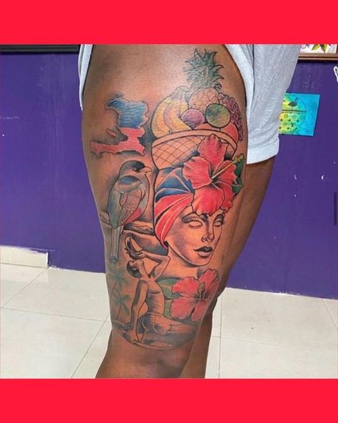 Haiti Tattoo Ideas For Women, Haitian Tattoo Ideas Haiti, Haitian Tattoo, Haiti Tattoo, Lucky Tattoo, Thigh Tat, Pride Tattoo, Patriotic Tattoos, Haitian Flag