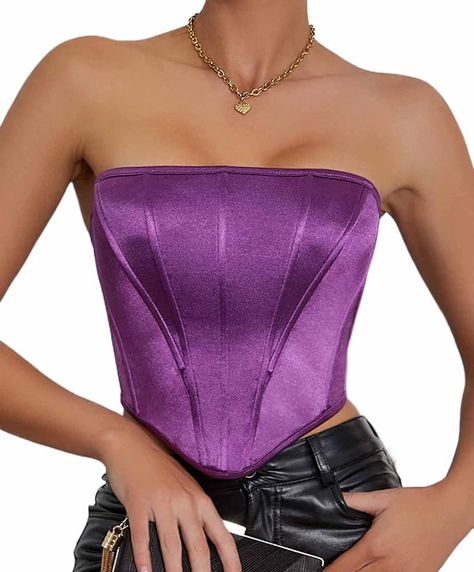 Amazon.com: Moessa Women's Satin Corset Top Sexy Backless Strapless Sweetheart Neck Bustier Boned Bodyshaper Party Crop Top 9385-Purple-S : Clothing, Shoes & Jewelry Purple Corset, Satin Corset Top, Midi Dress Plus Size, Maxi Skirt Outfits, Strapless Crop Top, Satin Corset, Printed Wide Leg Pants, Floral Jumpsuit, Top Cropped