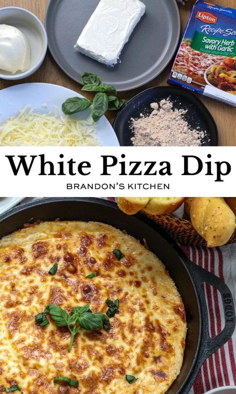 White Pizza Dip Recipe with Lipton Recipe Secrets mix Pepperoni Dip With Cream Of Mushroom, White Pizza Dip Lipton, Mozzarella Cheese Appetizers, Crockpot Pizza Dip, Easy Pizza Dip, White Pizza Dip, Pepperoni Bites, Pepperoni Dip, Pizza Dip Recipes