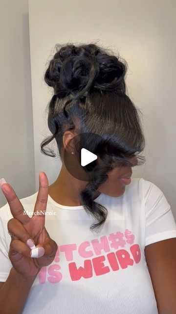 Metri Nunley-Lash on Instagram: "I am doing the absolute most with this versatile quick weave before I take it down. 😂😂 I can’t remember the last time I wore a style this long. I have about another cpl days then it’s on to the next, but I have absolutely enjoyed this hairstyle. I’m trying to get my Valentine’s Day look together & a pin up just may be my go to . Give me style options for Valentine’s Day y’all 😩 this hair is still the 24 inch dream weaver hair in case anybody is wondering 🫶🏾 #quickweave #dreamweaver #pinup #pinuphair #ponytail #sleekponytail #messybun #fyp" Frontal Up Down Style, Quick Weave Pin Up Hairstyles, Pin Up Hair Styles Black Women, Summer Quick Weave Hairstyles, Pin Curl Ponytail Updo Black Hair, Ponytail Quickweave Hairstyles, Versatile Quick Weave Hairstyles, Messy Ponytail Hairstyles Black Women, Bang And Bun Hairstyles For Black Women