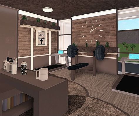 Bloxburg Kitchen Ideas Modern Black, Bloxburg Hotel Ideas Interior, Hotel In Bloxburg Ideas, Bloxburg Apartment Lobby Ideas, Modern Interior Design Bloxburg, Workout Room Bloxburg, Bloxburg Gym Ideas Modern, Bloxburg Hallways Ideas, Gym Room Bloxburg