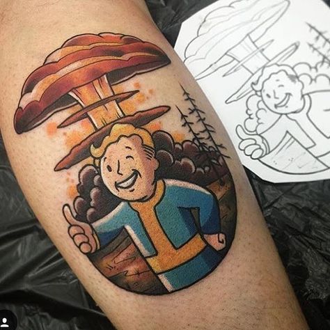 Fallout Tattoo  #fallout #tallouttattoos Vault Boy Tattoo, Fallout 4 Tattoos, Fallout Tattoo, Comic Book Tattoo, Video Game Tattoos, Gamer Tattoos, Video Game Tattoo, 4 Tattoo, Fallout Art