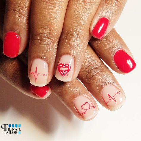 Medical Nails Designs, Chd Nail Designs, Heart Beat Nail Designs, Phlebotomist Nails, Chd Awareness Nails, Ekg Nails, Nurse Nail Designs, Ems Nails, Medical Nails