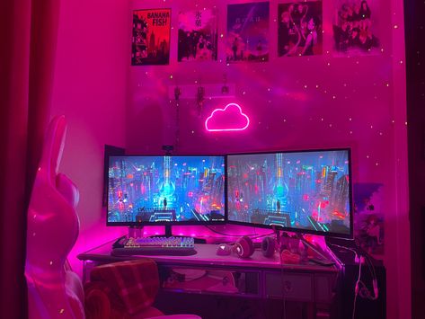 Hot Pink Pc Setup, Hot Pink Gaming Setup, Pink And Black Gaming Setup, Black And Pink Gaming Setup, Pink Gaming Setup, Gamer Vibes, Pc Ideas, Gamer Bedroom, Best Gaming Setup