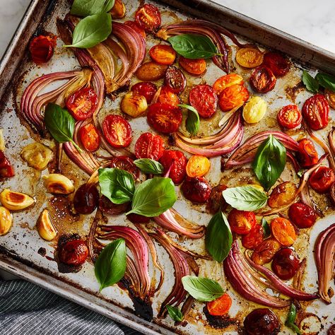 Balsamic-Roasted Red Onion & Cherry Tomato Pasta recipe on Food52 Pan Pasta, Tomato Pasta Recipe, Cherry Tomato Recipes, Cherry Tomato Pasta, Roasted Cherry, Roasted Cherry Tomatoes, Yummy Pasta Recipes, Cherry Tomato, Tomato Pasta