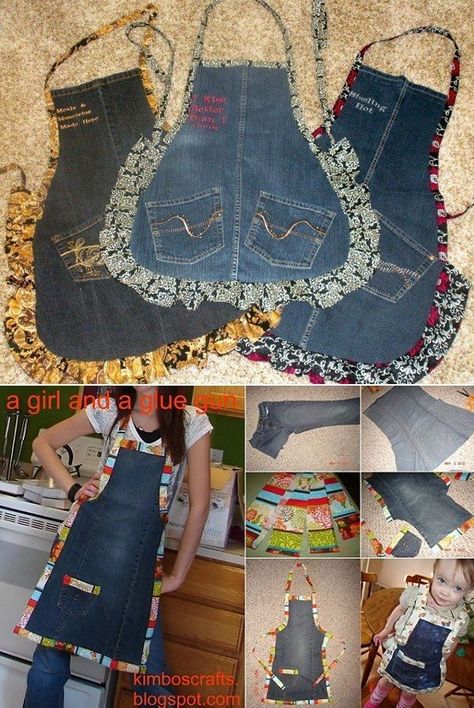 How to Turn Old Jeans into a Chic Apron – DIY                                                                                                                                                                                 More Jean Apron, Diy Apron, Blue Jeans Crafts, Denim Apron, Sew Ins, Jean Crafts, Sewing Aprons, Recycle Jeans, Upcycle Jeans