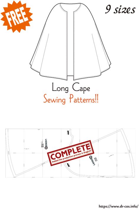 This is the pattern of Long Cape. inch size(letter size) Children's-4,8,10/Ladies'-S,M,L,LL/Men's-L,LL cm size(A4 size) Children's-100,120,140/Ladies'-S,M,L,LL/Men's-L,LL Added the number of fabric meters required for each size ❤️The production process is now uploaded to the site. Sew Cape Pattern, Irish Walking Cape Pattern, Free Cloak Pattern, Cloak Sewing Pattern, Cape Pattern Free, Mood Patterns, Frozen Jr, Cloak Pattern, Baby Sewing Patterns Free