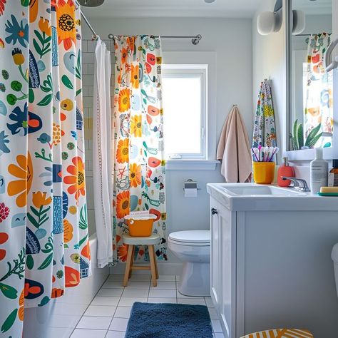 Bright and cheerful bathroom with floral shower curtain, white vanity, and coordinated accessories creating a vibrant and organized space. Bathroom Eclectic Decor, Cute Colorful Bathroom, Eclectic Guest Bathroom, Bathroom Remodel Colorful, White Bathrooms With Pop Of Color, Colorblock Bathroom, Cheerful Bathroom, Eclectic Bathroom Decor, Colorful Bathroom