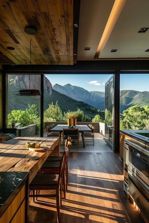 75 Stunning Mountain Home Kitchens with Panoramic Views Mountain House Kitchen Rustic, Rooms With Views, Home Nature Design, Mountain View Kitchen, Houses With Views, Kitchen With Mountain View, Dream House Mountains, Mountains Interior Design, House With View Of Mountains