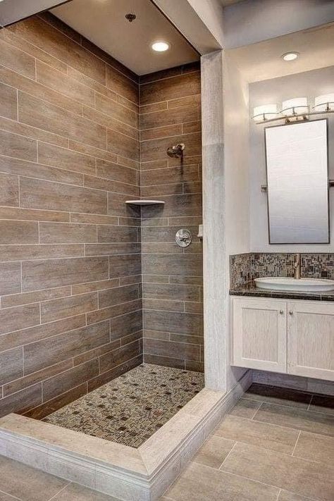 Beige Tile Bathroom, Houzz Bathroom, Wood Tile Shower, Makeover Kamar Mandi, Wood Tile Bathroom, Bathroom Shower Design, Bilik Air, Beige Bathroom, Brown Bathroom