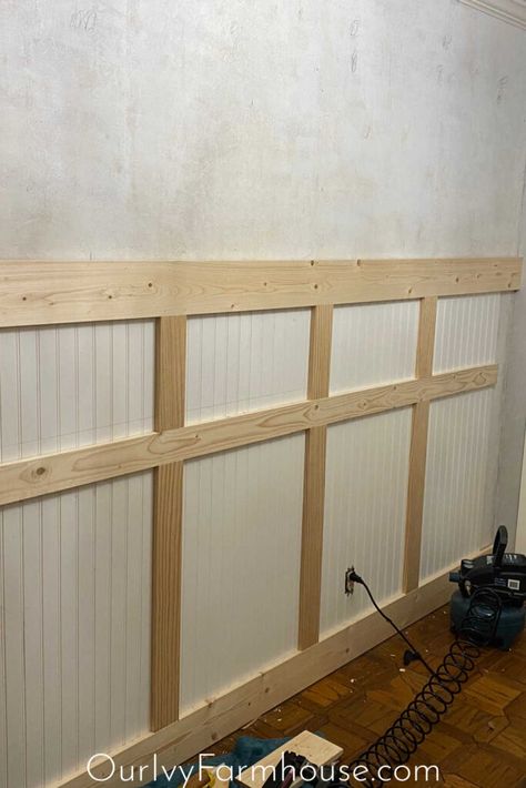 Learn how to easily create your own Board and Batten wall. Board And Batten Over Plaster Wall, Brad Board Walls, How To Board And Batten Wall, Modern Beadboard, Beadboard Hallway, Beadboard Entryway, Beadboard Half Wall, Beadboard Bedroom, Beadboard Accent Wall