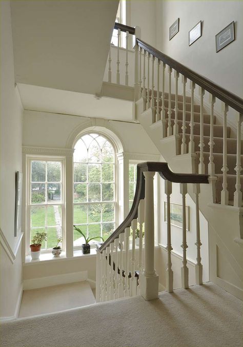 Grand stair to a Georgian house #helyerdavies Georgian Style Homes, Georgian Interiors, Georgian House, Georgian Architecture, Large Window, Curved Staircase, Georgian Homes, Interior Stairs, Grand Staircase