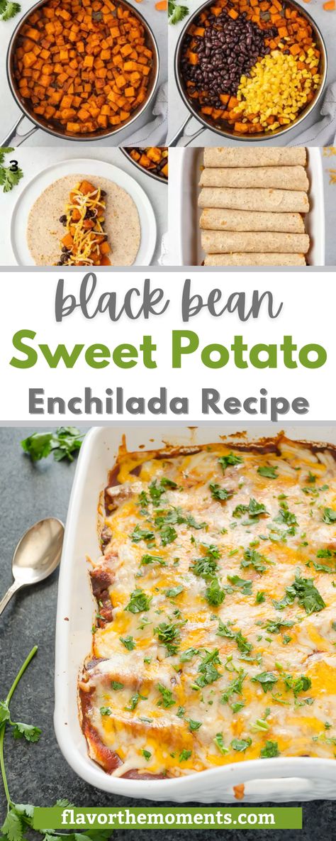 Black Bean Sweet Potato Enchiladas Recipe is so delicious and hearty. My family loves Mexican food, so I make it weekly. While my family loves taco night, I almost always prefer making enchiladas because I can make the components in advance and even assemble the entire meal ahead of time. Normally I serve my meat loving family chicken enchiladas or green enchiladas, but these Black Bean Sweet Potato Enchiladas prove that meatless meals can be extremely satisfying as well. Black Bean Sweet Potato Enchiladas, Sweet Potato Enchiladas, Potato Enchiladas, Black Bean Sweet Potato, Green Enchiladas, Sweet Potato Black Beans, Enchiladas Recipe, Tasty Vegetarian Recipes, Taco Night