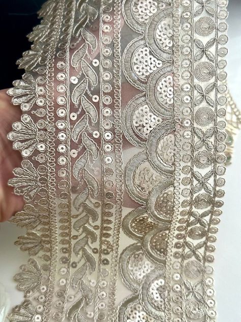 15cm Wide Golden Broad Sequence Embroidered Trim, Cutwork Sari Lehenga Border, Traditional Gothic Inspired Threadwork Lace by Yard - Etsy Sari Lehenga, Embroidered Trim, Cut Work, Lehenga, Lace Trim, Beauty Book, Accessory Gift, Display Homes, Yard