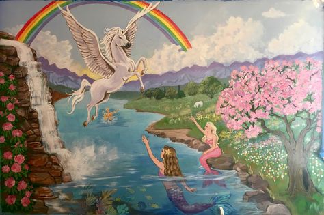 Mermaid and Unicorn mural painted on bedroom wall by Kathryn Fales. Fantasy Wall Murals Painted, Mermaid And Unicorn Bedroom, Dollhouse Flip, Mermaid Mural, Unicorn Mural, Unicorn Wall Mural, Mermaid And Unicorn, Mythical Art, Unicorn Room