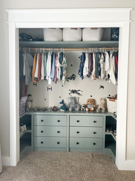 Boy Closet Ideas, Shared Boys Room Dressers, Boy Clothes Storage, Boy Closet, In Closet Dresser Kids, Boys Closet Cube Storage, Children’s Closet Organization, Shared Boys Rooms, Shared Closet