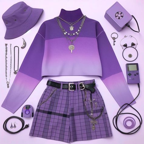 Purple Kidcore Outfit, Purple And Black Outfits Casual, Bright Purple Outfit, Pastel Alt Outfits, Purple Bag Outfit, Purple Clothes Aesthetic, Purple Bags Outfit, Purple Aesthetic Outfit, Kidcore Outfit