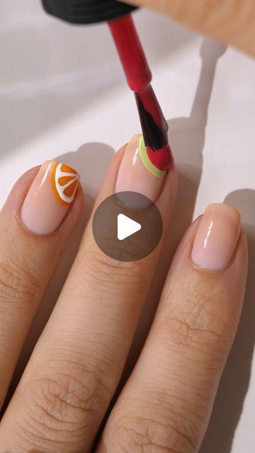 Orange Slice Nail Art, Natural Nail Nail Art, Summer Diy Nails, Easy Fruit Nails, Fruits Nail Art, Fruit Salad Nails, Square Nails Colorful, Short Fruit Nails, Summer Nails Strawberry