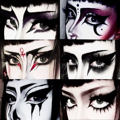 goth makeup looks 🕸️ Trad Goth Makeup Ideas, Big Eyeliner Looks, Makeup Looks Gothic, Trad Goth Eye Makeup, Colorful Goth Makeup, Red Goth Makeup, Gothic Makeup Ideas, Traditional Goth Makeup, Vampire Goth Makeup