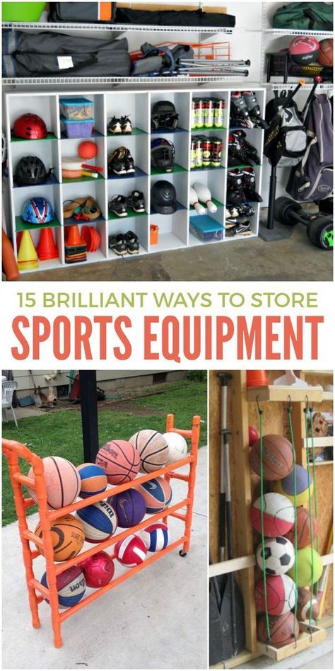 Sports Equipment Storage Ideas, Equipment Storage Ideas, Sports Gear Storage, Kids Garage, Sports Equipment Organization, Sports Equipment Storage, Sports Storage, Garage Organisation, Be On Time