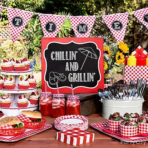 Gingham Picnic Food and Drink Ideas | Party City Bbq Theme Party, Picnic Themed Parties, Bbq Birthday Party, Bbq Buffet, Bbq Theme, Baby Q Shower, Backyard Bbq Party, Bbq Signs, Picnic Theme