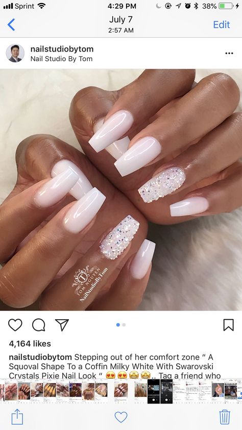 Nail Inspo Milky White, Squoval Acrylic Nails, Coffin Nails Designs Summer, Bridal Manicure, Wedding Day Nails, White Coffin Nails, Elegant Nail Designs, Coffin Shape Nails, Wedding Nails For Bride