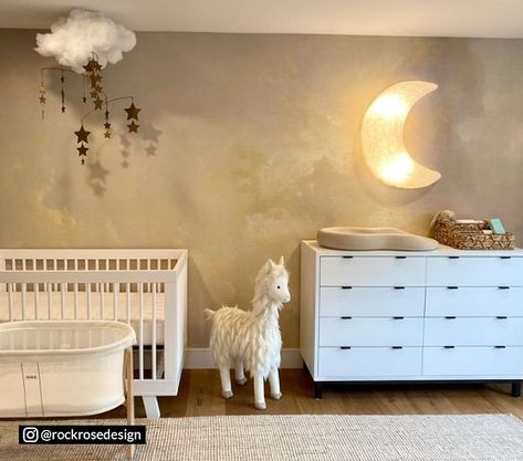 Changing Table Storage, Ceiling Mobile, Enchanting Aesthetic, Nursery Changing Table, Space Themed Room, Baby Room Themes, Moon Nursery, Star Ceiling, Nursery Room Design