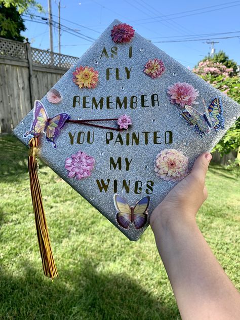 Butterfly Grad Cap, Butterfly Graduation Cap, Graduation Photo Boards, Graduation Board, Sticker Letters, Graduation Boards, Graduation Cap Ideas, College Grad Cap Ideas, Grad Cap Decorated