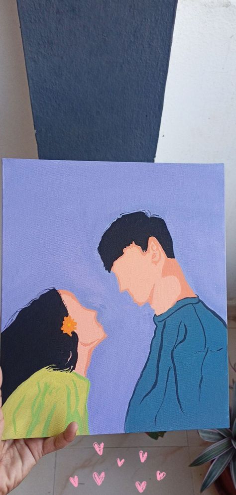 Canvas Painting Ideas Romantic, Aesthetic Couple Canvas Painting, Painting Of Love Couples, Canvas Drawing Couple, Painting For Love Couple, Love Drawings On Canvas, Cute Bf Painting Ideas, Valentine Canvas Painting For Couples, Painting Ideas On Canvas Aesthetic Couple