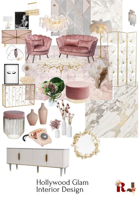 Pink Art Deco Living Room, Hollywood Glam Wallpaper, Hollywood Glam Interior Design Bedroom, White And Gold Mood Board, Pink And Gold Living Room, Rose Gold Living Room, Hollywood Glam Interior Design, Hollywood Living Room, Art Deco Interior Living Room