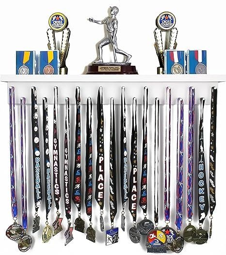 Amazon.com : 2ft- Medal Awards Rack- Premier Medal Hanger Display and Trophy Shelf - Multi-Purpose Trophy and Medal Holder for Medal Display, Plaques, Pictures, Trophies and More Solid Wood : Sports & Outdoors Award Shelf, Award Shelves, Trophy Display Shelves, Medal Hanger Display, Trophy Shelf, Medal Rack, Trophy Display, Trophy Plaques, Race Bibs