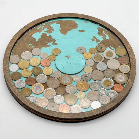 Display your collection of foreign currency, challenge coins or pressed pennies with this DIY coin holder that mounts on the wall! Display Coins From Travel, Coins Collection Display Ideas, How To Display Foreign Currency, Displaying Collections Room Walls, Cool Collections Ideas, Memorabilia Wall Ideas, Foreign Coin Display, Foreign Money Display Ideas, Display Memorabilia Ideas