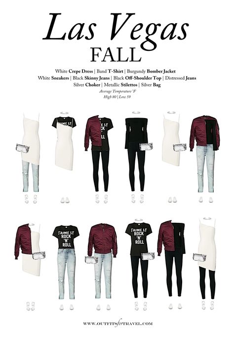 This 10-piece fall packing guide for Las Vegas was developed to make packing easier for travelers. With on-trend styles, our fall capsule travel wardrobe has sexy and sporty styles that combine to make some really cool outfits for Las Vegas in September, October and November. #fashion #Vegas #capsulewardrobe #fallfashion Las Vegas Wardrobe, Las Vegas Wardrobe Weekend, Travel To Vegas Outfit, Vegas Wardrobe Capsule, Vegas Capsule Wardrobe Fall, Packing For Vegas In September, Vegas In November Outfit Ideas, Las Vegas Fall Outfit Ideas 2022, Vegas Fall Outfit Ideas Casual