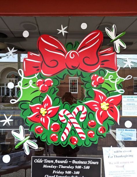 Christmas Window Painting - The Sketching Pad Retail Window Painting Ideas, Painted Window Christmas, Gnome Window Painting, Office Window Christmas Decor Ideas, Festive Window Painting, Christmas Window Painting Grinch, Xmas Window Painting Ideas, Cute Christmas Window Paintings, Christmas Window Art Diy