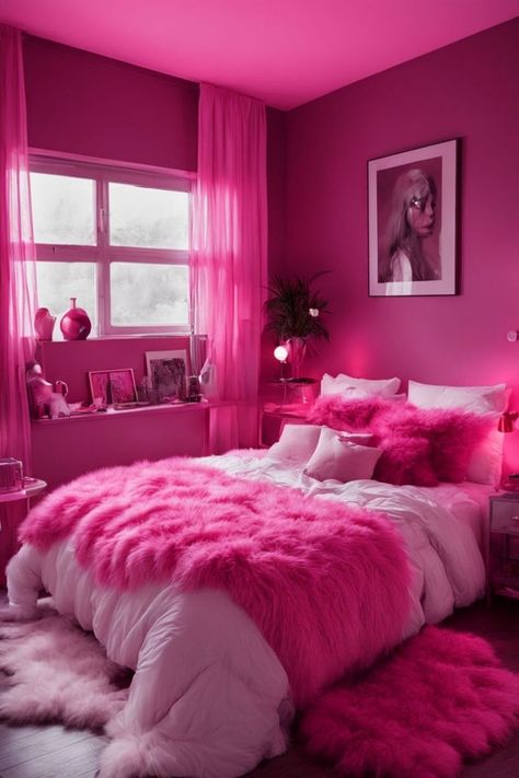 A cozy bedroom adorned with pink boho-inspired decor, providing inspiration for creating a serene and stylish bohemian retreat in your living space. #PinkBohoBedroom #BohemianDecor #SereneEscape Hot Pink Boho Bedroom, Hot Pink Room Decor Bedroom Ideas, Hot Pink Room Ideas, Hot Pink Room Aesthetic, Pink Boho Bedroom Ideas, Hot Pink Bedroom Ideas, Bedroom Playlist, Bedroom Interior Aesthetic, Magenta Room