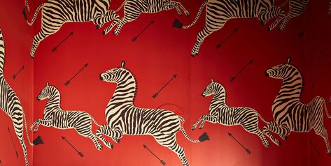 Red Zebra Wallpaper, Famous Wallpaper, Quirky Wallpaper, Nail Color Combinations, Sister Parish, Zebra Wallpaper, David Hicks, Bamboo Trellis, Banana Leaf Print