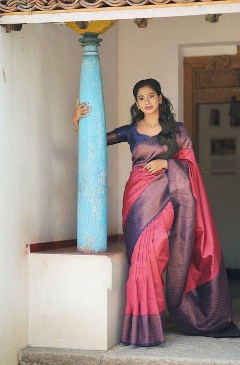 Pink Soft Silk Saree, Pink Saree Silk, Blue Banarasi Silk Saree, Exclusive Saree Blouse Designs, Dark Pink Blouse, Navy Blue Saree, Blue Silk Saree, Saree Traditional, Indian Bridal Sarees