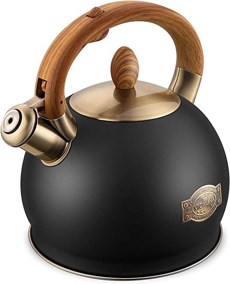 Amazon.com: VICALINA Tea Kettle & Tea Pot, Stainless Steel Tea Kettle for Stove top, 2.64 Quart Whistling Loud Tea Kettles (Polished Black): Home & Kitchen How To Whistle Loud, Whistling Tea Kettle, Tea Kettles, Copper Handles, Healthy Water, Glass Tea Cups, Electric Stove, Best Tea, Gas Stove