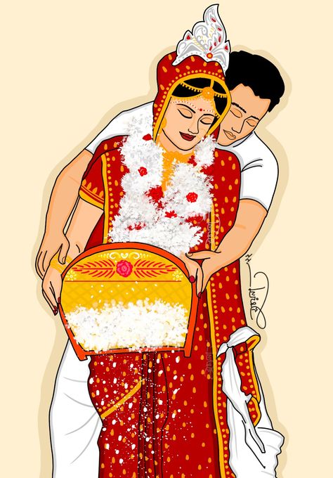 Khoi Fela Bengali Wedding Couple Cartoon, Bengali Bride Cartoon, Bengali Bride And Groom Cartoon, Bengali Bride Illustration, Bengali Wedding Painting, Bengali Wedding Illustration Art, Bengali Bride Groom Illustration, Bengali Bride Drawing, Bengali Couple Illustration Drawing