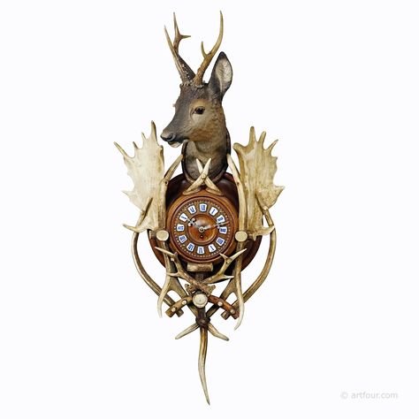 Antique Austrian antler clock regulator 1900 | artfour.com Antlers, Antler Wall, Fallow Deer, Deer Wall, Deer Head, Old Barn, Wooden Case, Black Forest, Antique Art