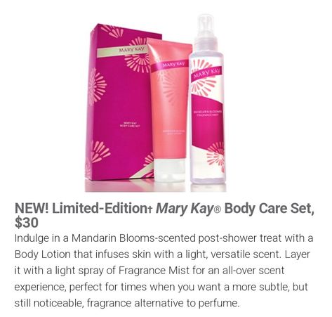 Limited Edition!! Mandarin Blossom Scented body lotion & scented mist!! Get ready to spoil your senses with the Limited-Edition Mary Kay Body Care Set and accompanying body wash! 🍊 🌸 The body set, which comes in an adorable gifting package, contains the Mandarin Blooms scented body lotion and body mist. You can also purchase the body wash to create the ultimate trifecta! Who thinks these products will make the perfect stocking stuffer? 💖💆 Mary Kay Body Care, Body Care Set, Holidays 2023, Scented Body Lotion, Satin Hands, Beauty Consultant, Perfect Stocking Stuffers, Beauty Stuff, Fragrance Mist