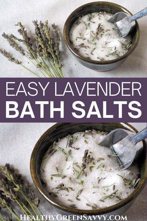 Do you love a relaxing soak in the tub? Elevate your bath with these deliciously scented lavender bath salts! This super-easy recipe uses lavender flowers and leaves harvested from the garden or purchased, or can be made instead with lavender essential oil. | homemade bath salts | easy bath salts recipe | uses for lavender | easy DIY gifts | relaxing bath salts | Salt And Lavender Recipes, Homemade Bath Salts Recipe, Salt And Lavender, Lavender Epsom Salt, Bath Salts Recipe, Lavender Leaves, Bath Salts Diy, Lavender Recipes, Lavender Bath Salts