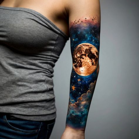 Explore the enchanting world of moon and stars tattoos on this Pinterest board! Discover a variety of designs from delicate crescent moons adorned with twinkling stars to bold celestial bodies. Perfect for those who love night-themed ink or seek a tattoo that symbolizes mystery, dreams, and the beauty of the night sky. Pin your favorites and get inspired for your next piece of body art! Tattoo Night Sky, Night Sky Tattoo Sleeve, Night Sky Tattoo, Night Sky Tattoos, Moon And Stars Tattoo, Sky Tattoo, Sky Tattoos, Celestial Tattoo, Stars Tattoo