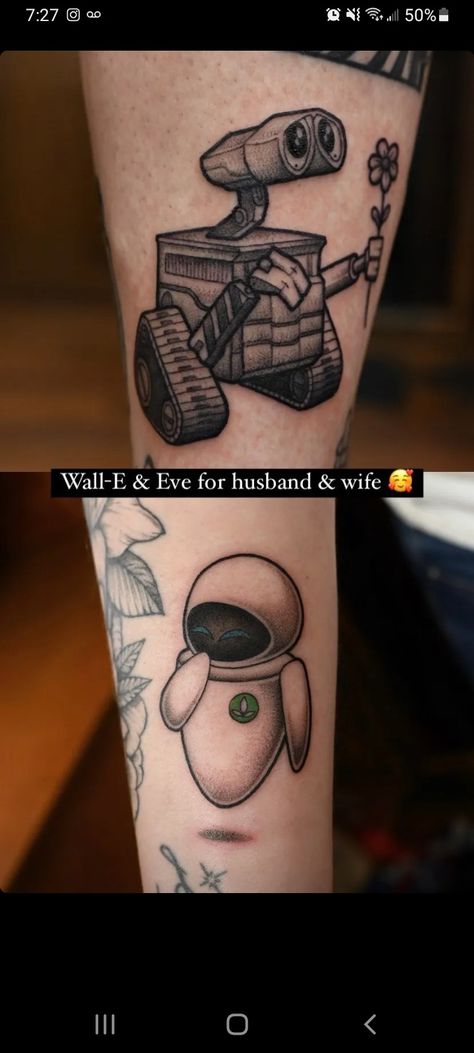 Wall-e Eve Tattoo, Walle And Eve Tattoos Couple, Wall-e Eva Tattoo, Walle Eve Tattoo, Wall E Tattoo Design, Walle Tattoo Disney, Walle Tattoo Ideas, Walle And Eve Tattoos, Big Hero 6 Tattoo