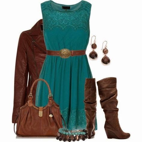 Lace teal dress, brown jacket, brown purse, brown boots Mode Rockabilly, Ladies Outfits, Legging Outfits, Teal Dress, Country Outfits, Color Combo, Mode Inspiration, Minimalist Outfit, Brown Boots