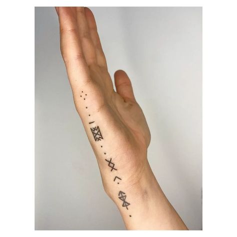 Runic Arm Tattoo, Viking Ankle Tattoo, Ruin Tattoos Viking, Hand Tattoos Runes, Feminine Rune Tattoo, Danish Symbols Tattoos, Fine Line Rune Tattoo, Rune Wrist Tattoo, Nordic Tattoos Women