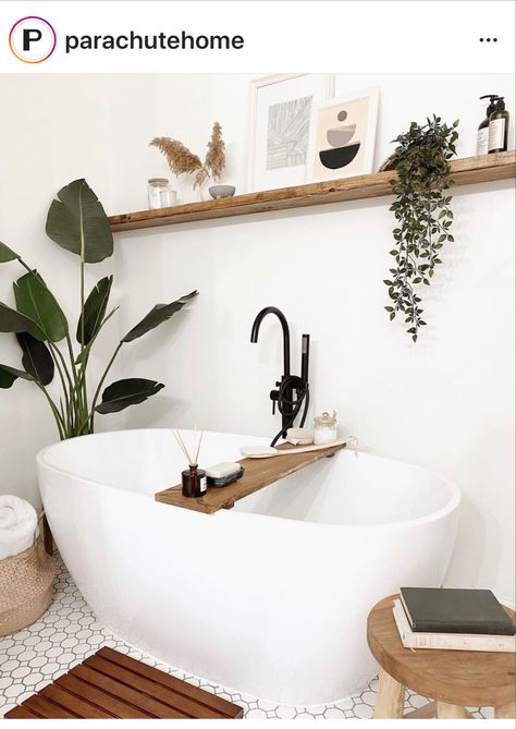 Long Floating Shelf, Long Floating Shelves, Bathroom Shelf Decor, Bathtub Decor, Floating Shelves Bathroom, Aesthetic Bathroom, Master Bath Remodel, Bathroom Plants, Bathroom Design Decor