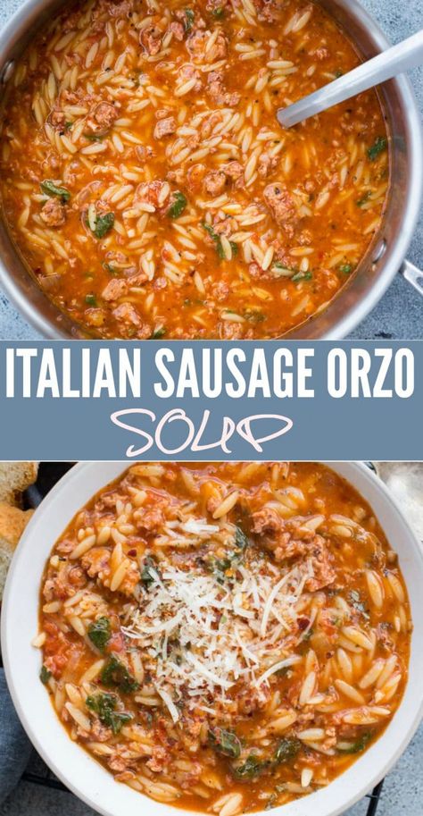 Sausage Orzo Soup, Italian Sausage Orzo, Sausage Orzo, One Pot Sausage, Spicy Italian Sausage, Italian Sausage Soup, Orzo Soup, Vegetarian Soup Recipes, Crock Pot Recipes