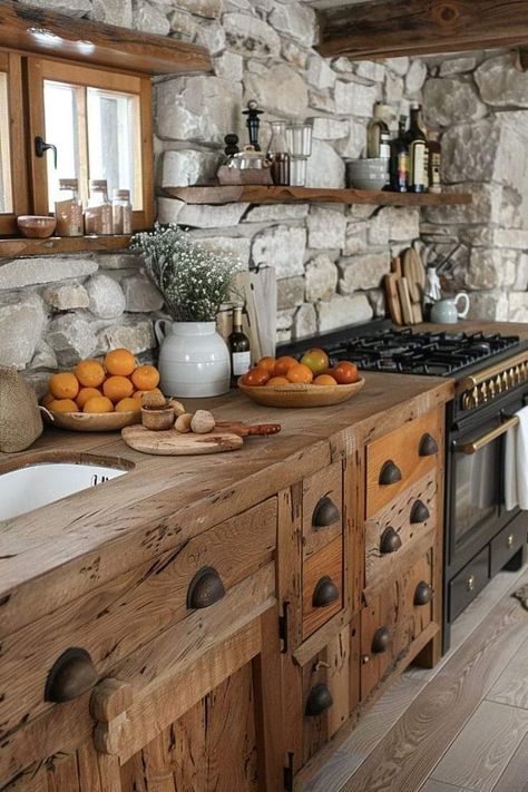 Natural Rock Backsplash, Rock Kitchen Backsplash, Rustic Stone Kitchen, Rock Backsplash Kitchen, Stone Kitchen Wall, Stone Wall Kitchen, Rock Backsplash, Backsplash Installation, Dapur Rustic